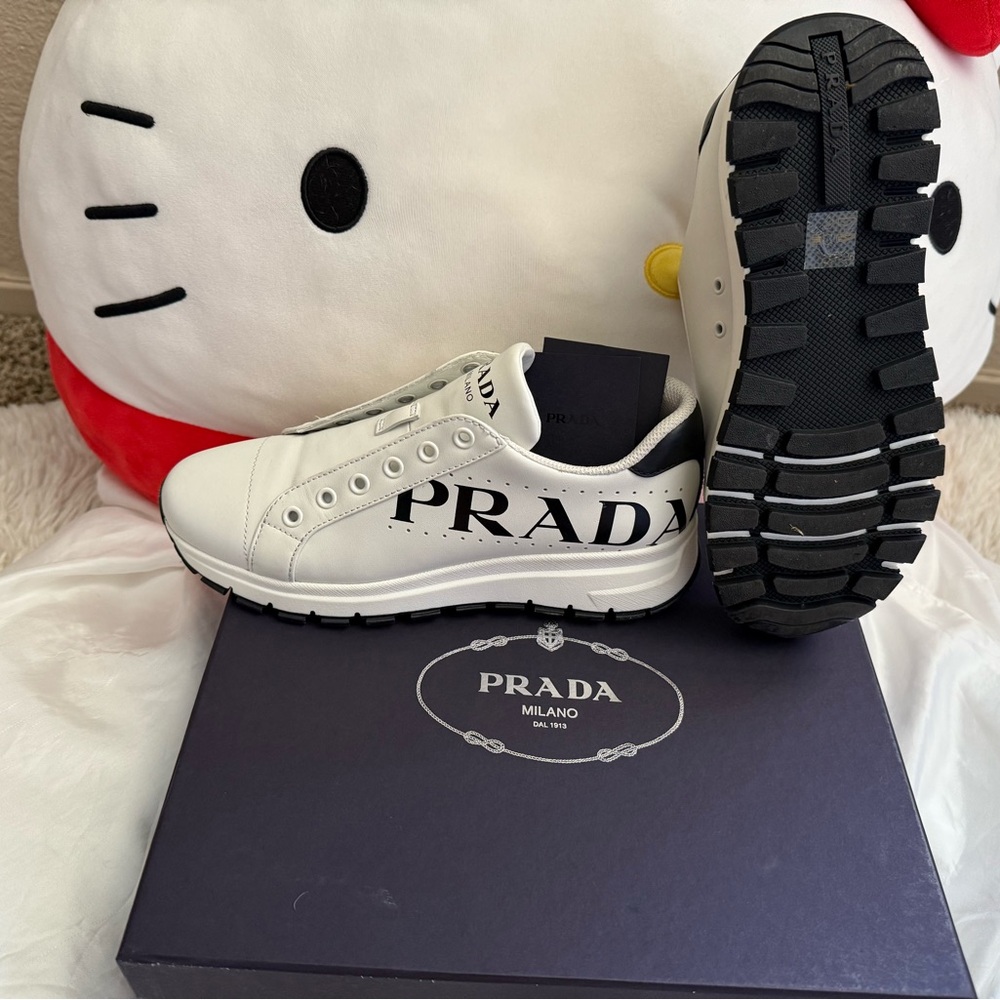 Prada Kids White Sneakers with Black Accents